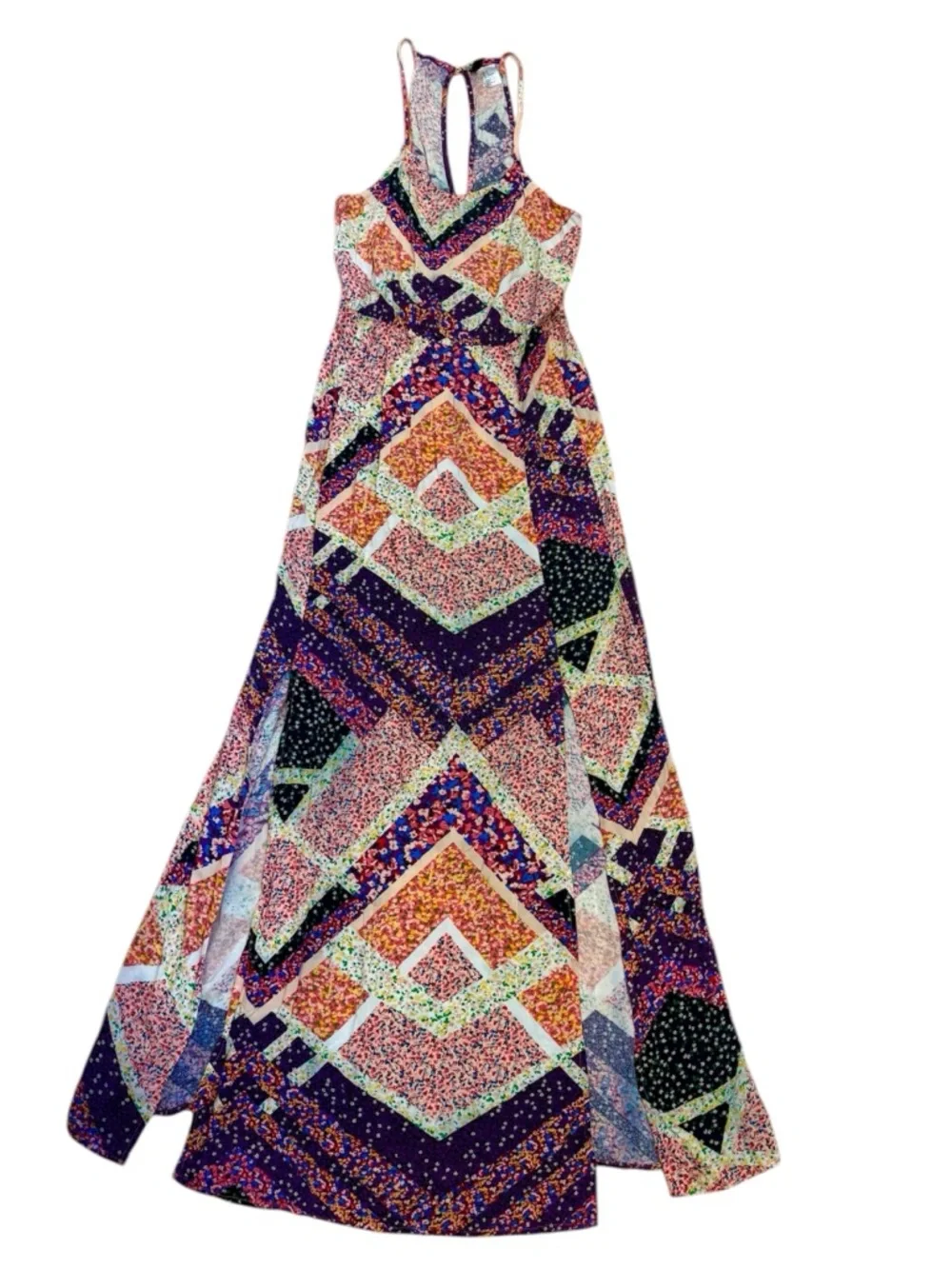 Colorful Sundress Side Slits Floral Slip Maxi Dress- Feminine, Hippie Boho S/M - Picture 4 of 11